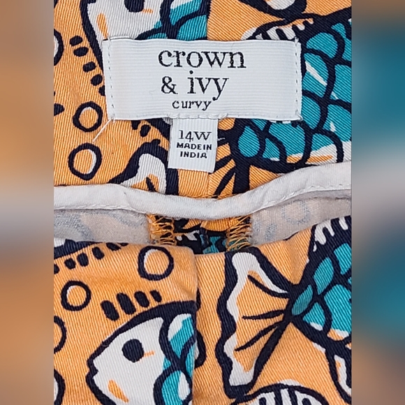 Crown & Ivy - Women's Orange & Blue Fish Print Scalloped Shorts, Sz 14W - Picture 2 of 4